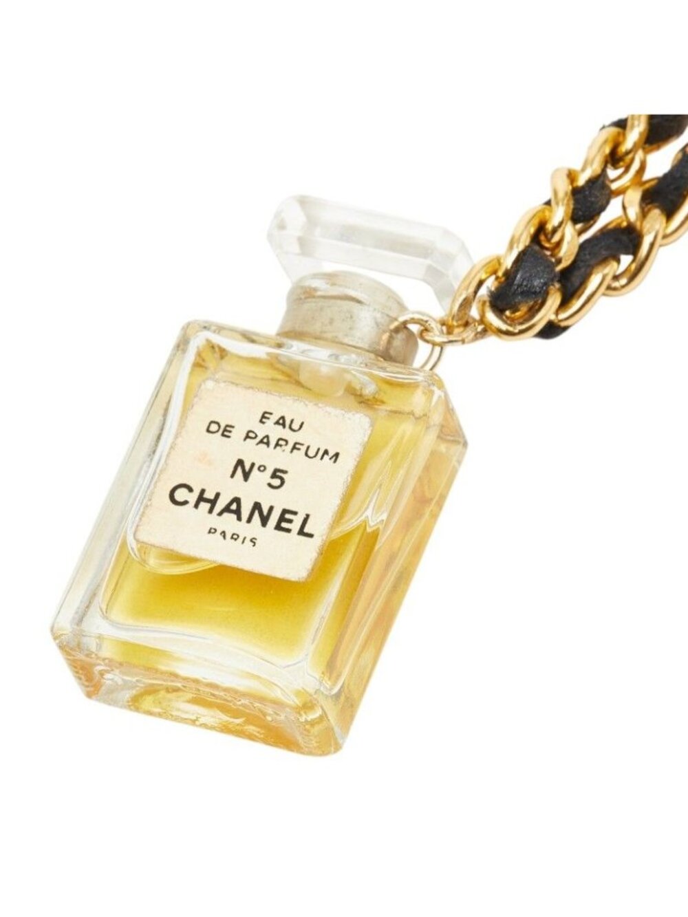 Chanel Chain Necklace Gold Clear Black Plated Glass Leather